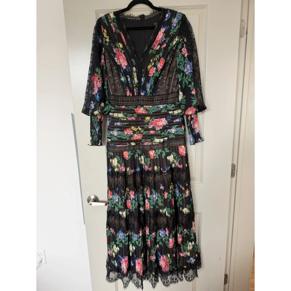 TADASHI SHOJI Lorely Floral Maxi Gown Balloon Sleeves V Neck Lace Black Size 8 - Picture 4 of 11